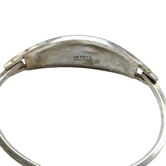 Alpaca Mother of Pearl Butterfly Hinged Cuff Bangle Bracelet Silver Tone VTG - Picture 4 of 5